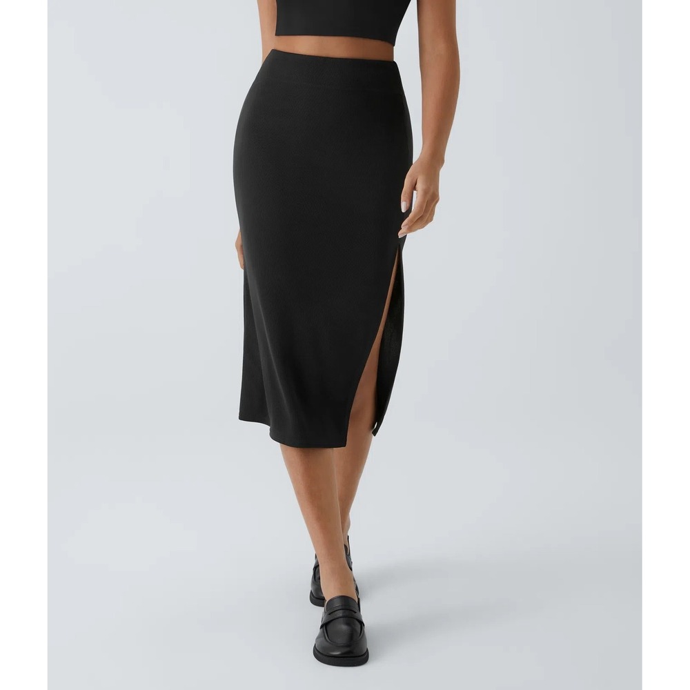 Halara M Black Ribbed Knit High Waisted Midi Skirt A-Line Long Side Slit Casual